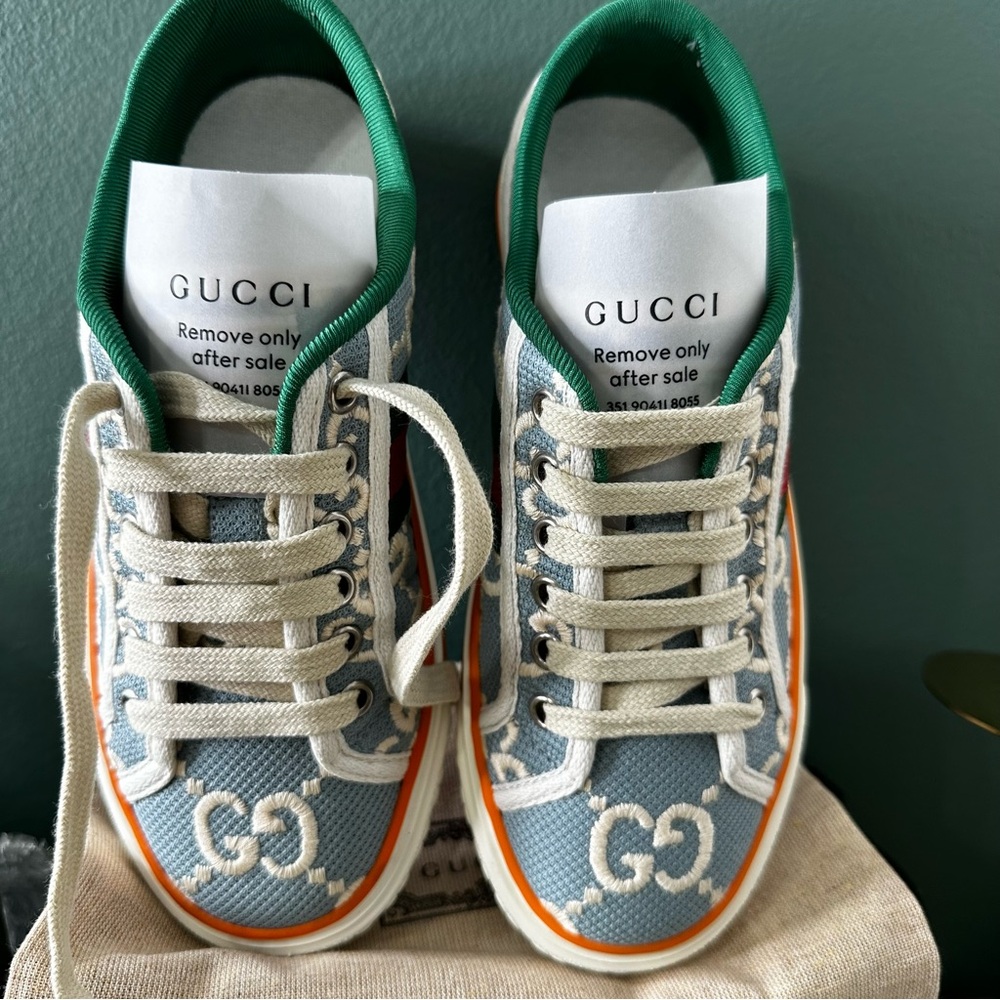 Cotton GG Monogram Web Womens 1977 Tennis Sneakers 34 Philod Ivory Mystic White